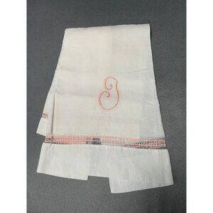 Vintage White Linen Hand Towel with Pink Embroidered Initial Monogram